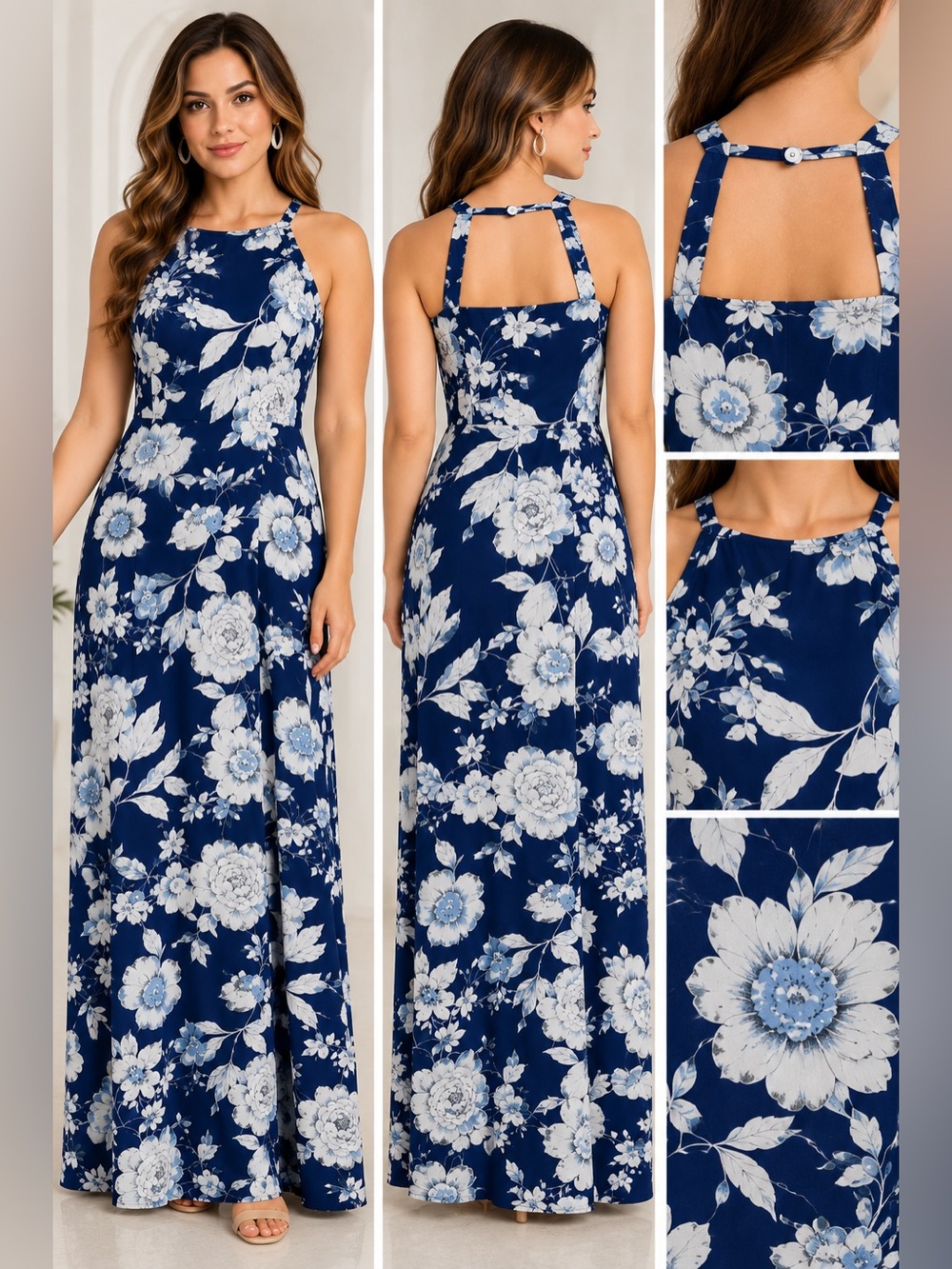 Navy Blue Floral Halter Maxi Dress Sleeveless Wedding Guest